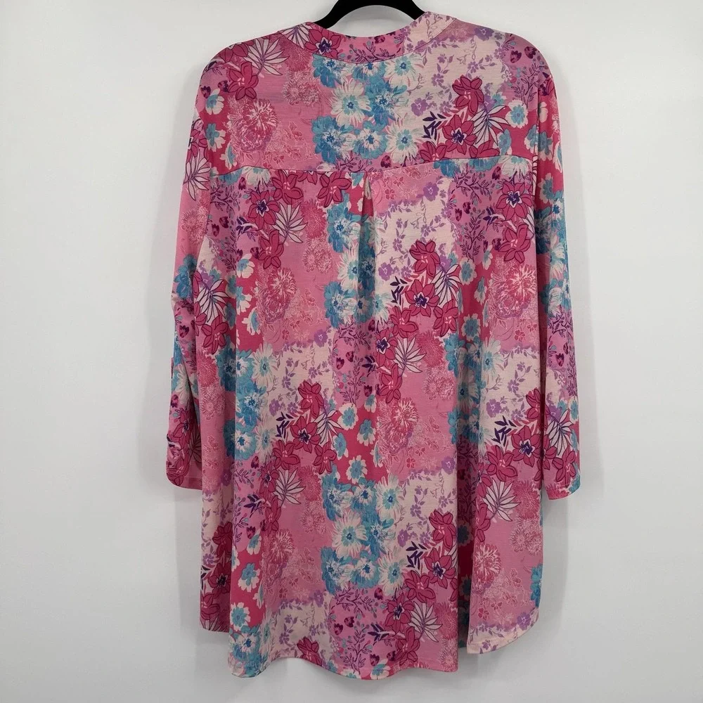 Dear Scarlett Tunic Shirt Womens 2X Pink Floral 3/4 Sleeve Lightweight Tropical